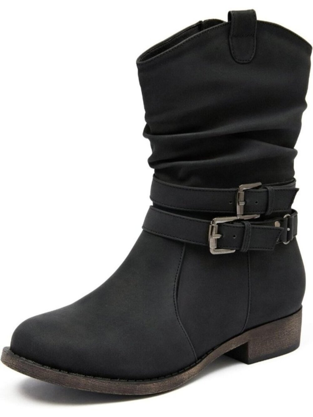 Women's Black Mid-Calf Boots Round Toe Low Heel Zipper Booties Cowgirl Boots